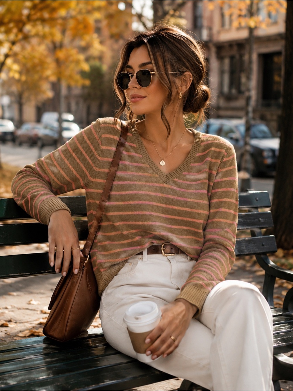 Lands' End Women's V-Neck Sweater in Pink and Tan Stripes